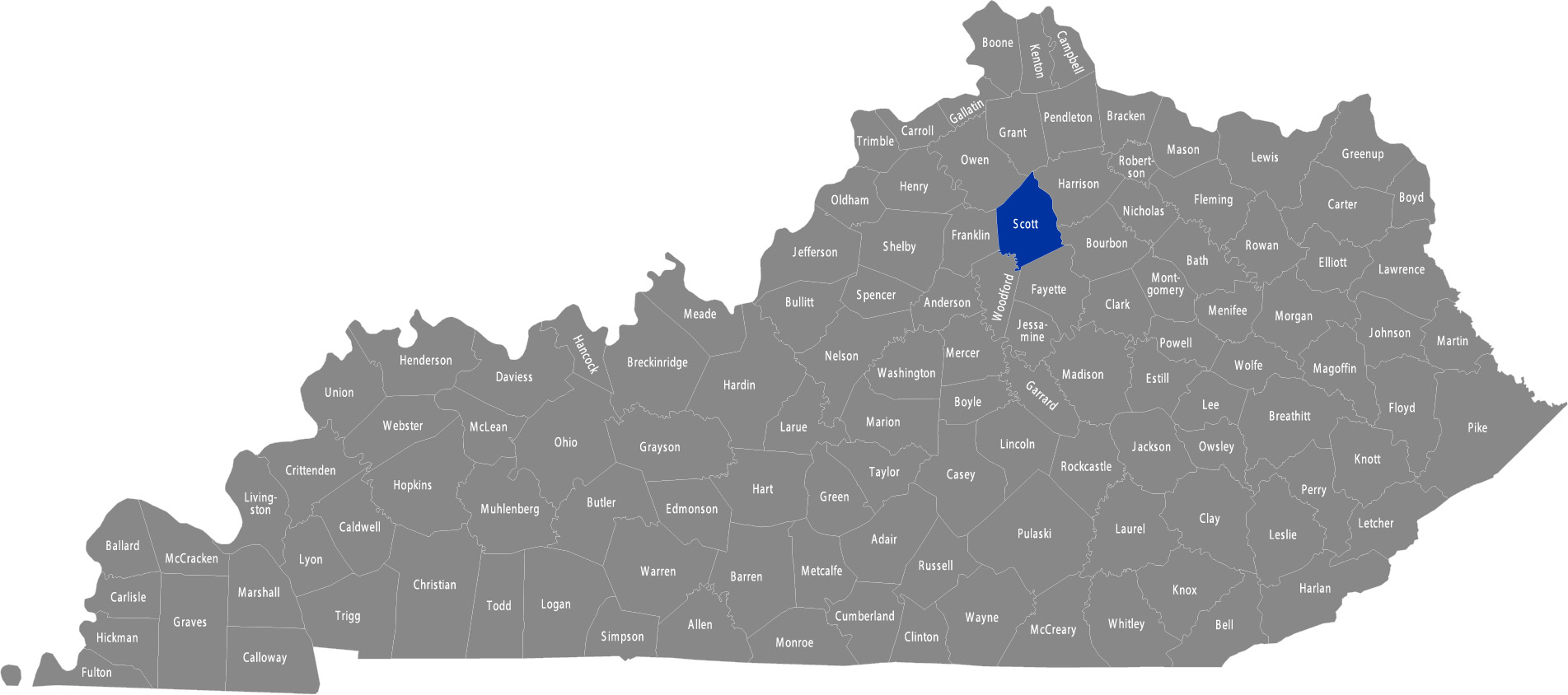State of Kentucky map with Scott County highlighted